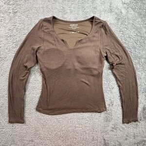Chrome Riot Women L Long Sleeve Ribbed Top Built In Bra V-Neck Brown Athleisure